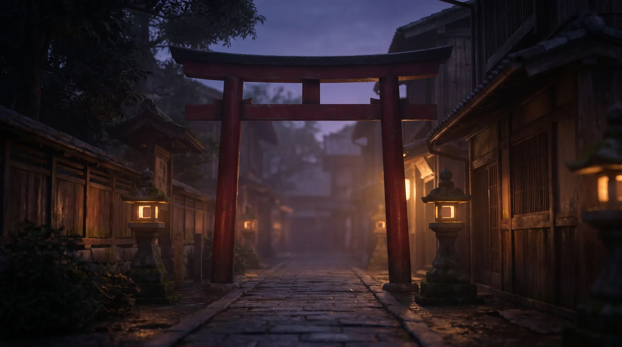 Red torii gate in a quiet Osaka alley