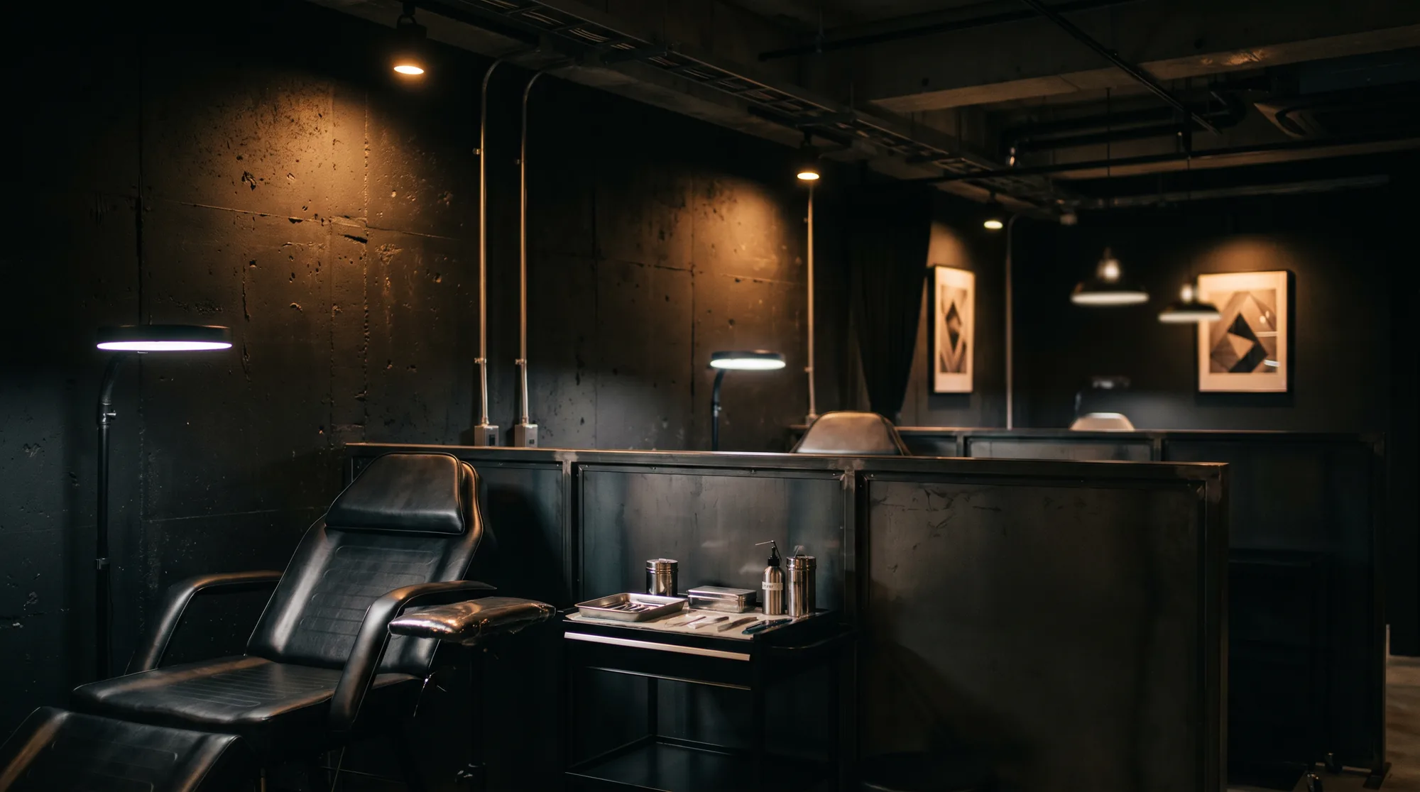 Studio interior with six booths and warm spot lights